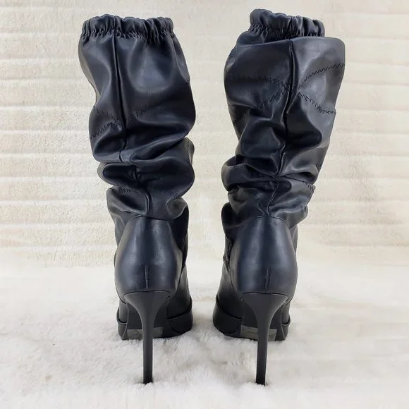Black Square toe Scrunch Slouch Mid Calf Pull On Heeled boots Resto… - Picture 12 of 15